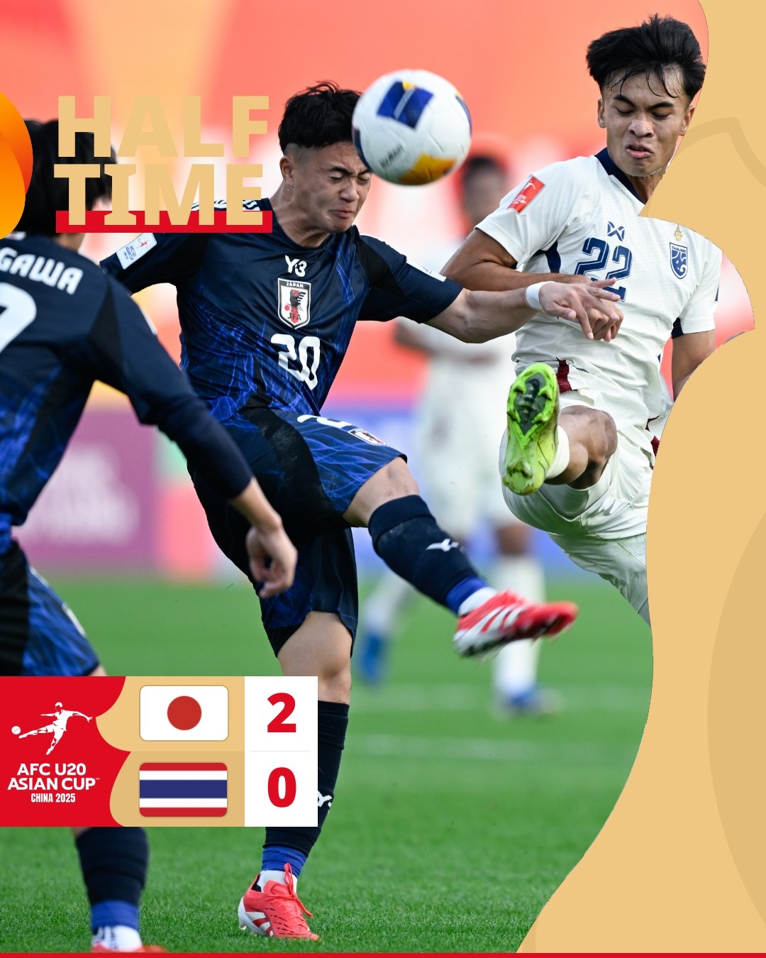 半场-日本U20 2-0领先泰国U20，石井久继破门+中柱 泰国0射正